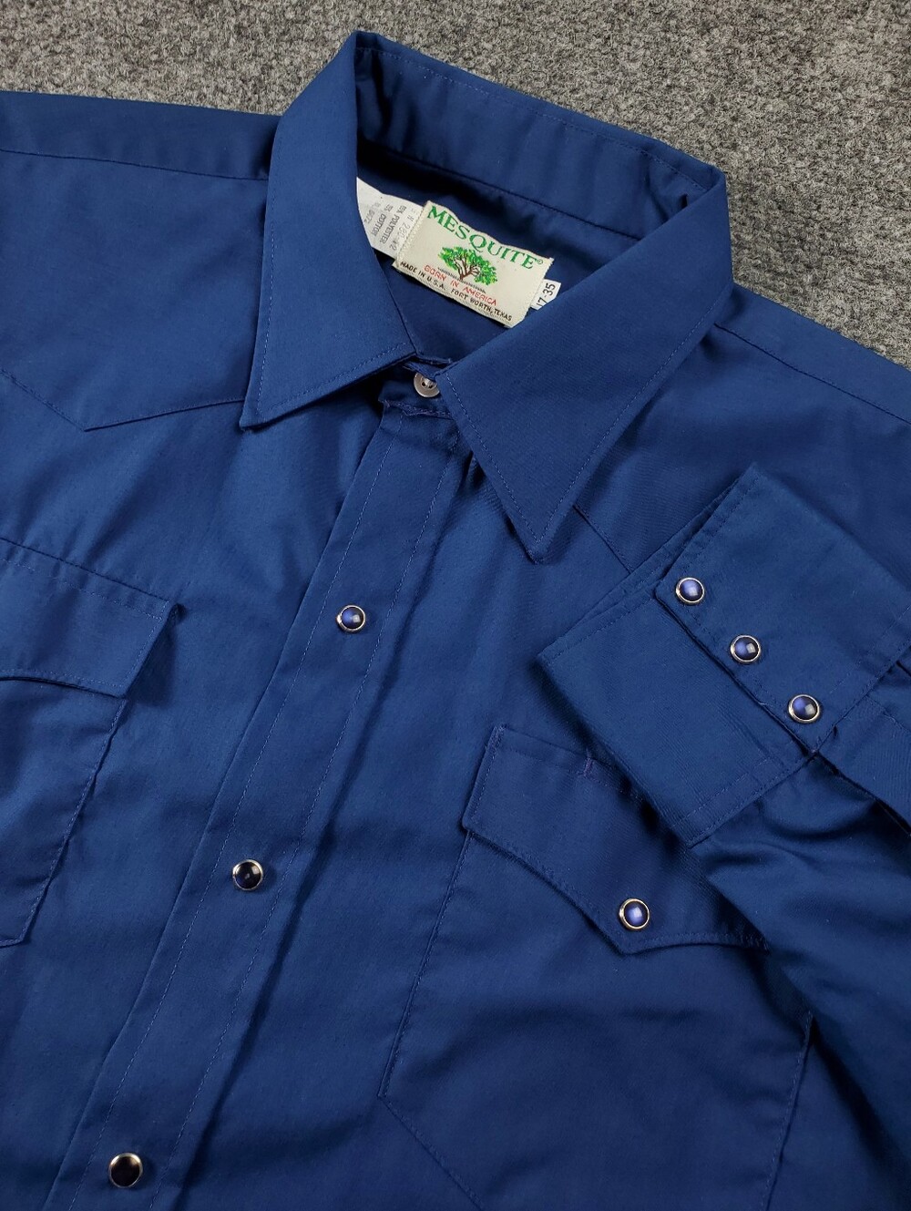 Vintage Mesquite Western Snap Shirt 17 35 Navy Blue Made in USA Fort Worth Texas